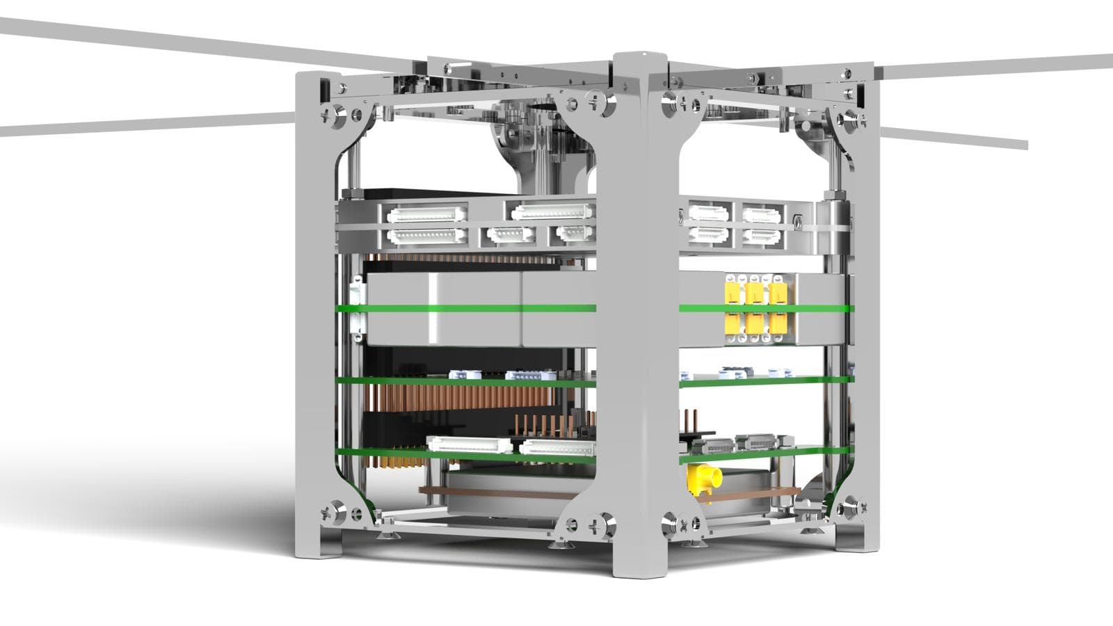Engineering render of the LISAT-01 spacecraft, showing the internal stack of boards inside its 1U frame with the antennas deployed
